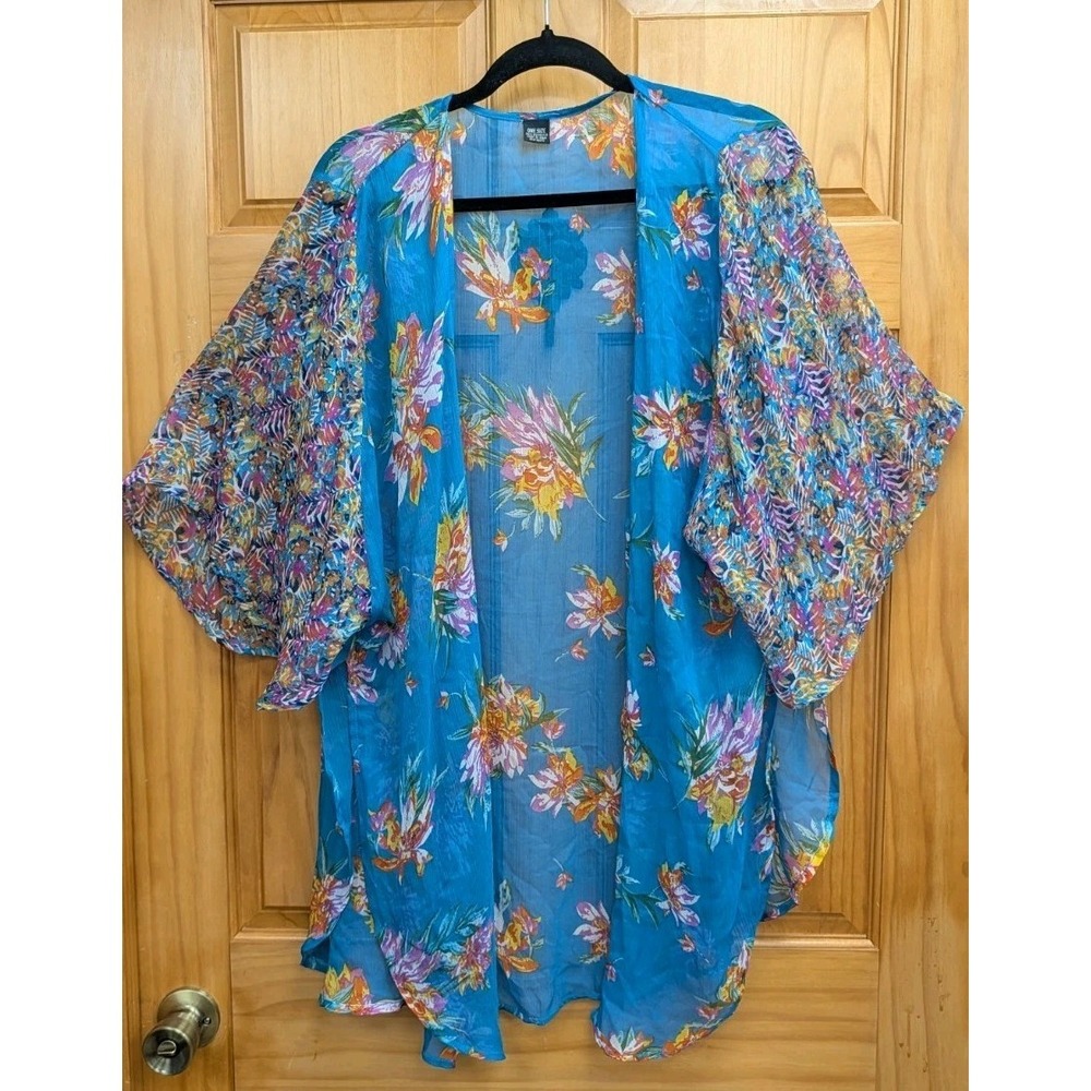 Sheer Tunic Open Cardigan One Size Teal Floral